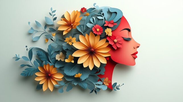 Graceful woman's face depicted colorful papercut design adorned blooming flowers leafy accents set against a gentle background providing room for inspirational text highlighting positive mental health