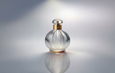 A single, clear, round glass bottle with a gold top sits on a reflective surface.