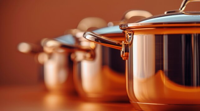 Shiny copper cookware lined up on a wooden surface in a warm toned kitchen setting