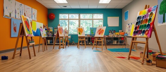 A bright and colorful art studio classroom with easels and colorful paintings on display.