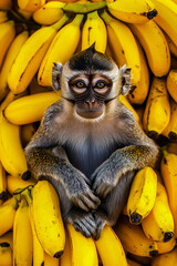 A fun and vibrant image of a monkey sitting on top of a large pile of bananas.