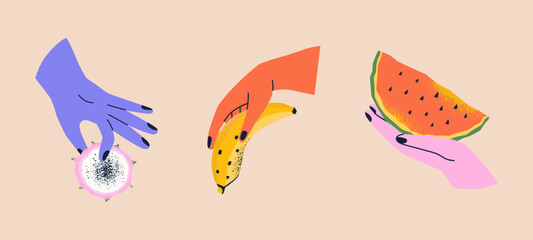 Hands holding dragon fruit, watermelon, banana. Hand drawn vector illustration for poster, card, print. Elements isolated on background.