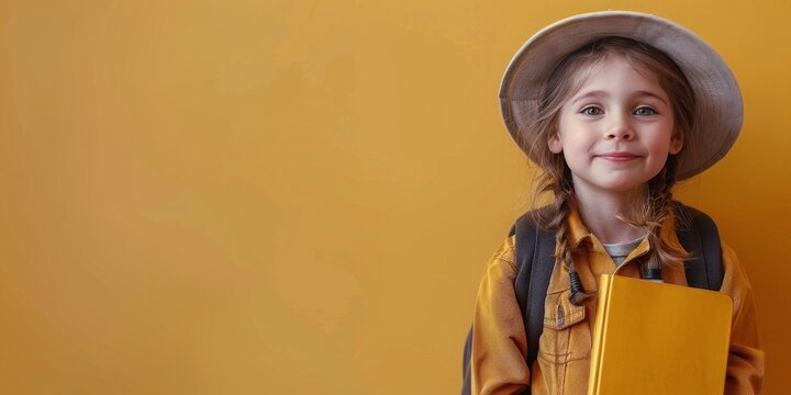 Young child with curly hair holding a book wears a backpack against a blue background