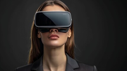 Woman experiencing virtual reality while analyzing data in a dark environment at night