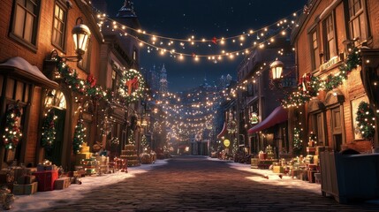 Obraz premium Festive Street with Holiday Lights and Decorations