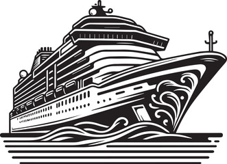 Cruise Ship Vector Illustration: Black and White Outline Design