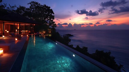 A luxurious villa with a private infinity pool overlooking the ocean at sunset.