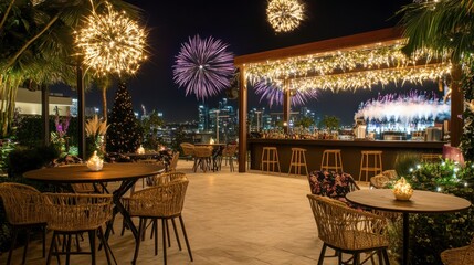 Obraz premium Nighttime Rooftop Celebration Overlooking Cityscape
