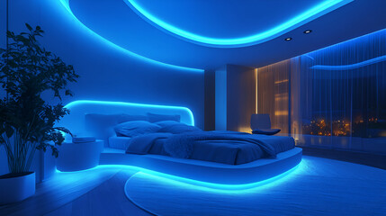 Cyber Chic Retreat Futuristic Tech-Inspired Bedroom Concept, A futuristic bedroom with neon lighting, 3d rendering of a futuristic bed room in a modern building

