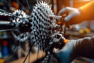 Close-up of a Bicycle Rear Derailleur with a Blurred Mechanic