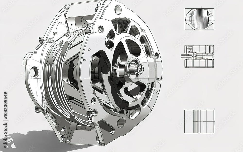 Poster detailed 3d rendering of an automobile alternator with technical drawings showcasing various views a