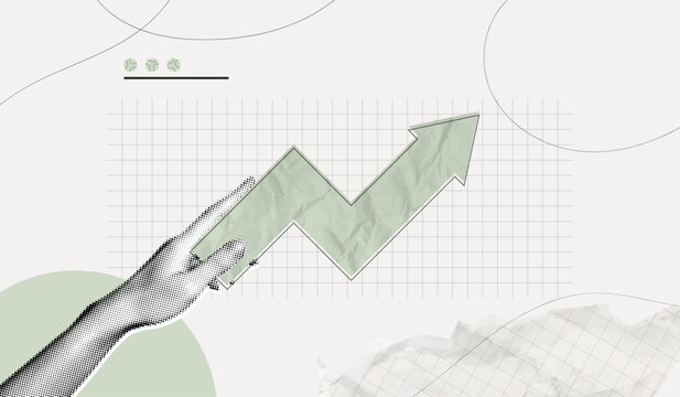 Trendy Halftone Collage Business and investment growth concept. Hand holding up arrow. Interest rate. Invest strategy. Successful development. Contemporary vector illustration art