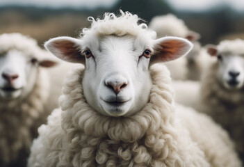 White fluffy sheep farm portrait looking at camera isolated on clear background funny moment Farmlan