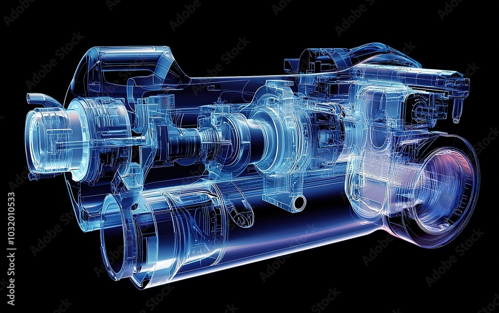 Poster detailed diagram of an engine component showcasing transparent visual representation with intricate 