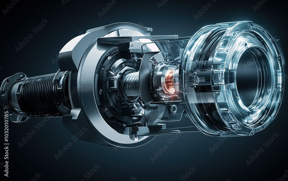 Poster detailed view of a futuristic mechanical component design showcasing intricate engineering and trans