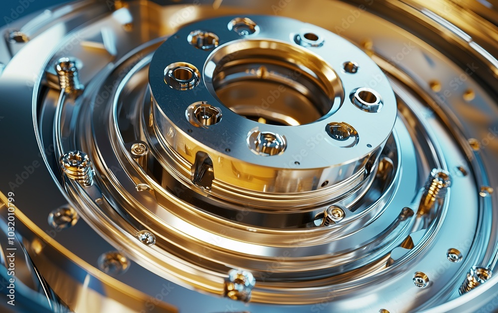 Poster intricate close-up of a metallic mechanical component highlighting precision engineering and craftsm