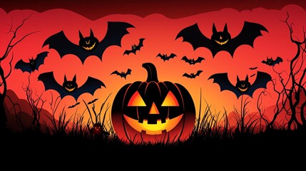 A spooky Halloween scene featuring a glowing jack-o'-lantern surrounded by flying bats against a fiery orange sunset.