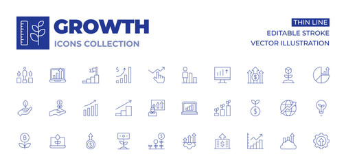 Growth icons collection. Thin Line icons, editable stroke. growth, increase, line graph, improvement, investment, laptop, organic, bar chart, chart, dollar coin, earnings