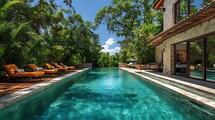 Fototapeta premium A long, rectangular swimming pool with crystal clear water stretches out before a luxurious villa, surrounded by lush tropical vegetation and a blue sky.
