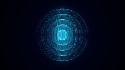 Abstract sci-fi sphere with particles. Technology network connection on world. Futuristic illustration. Global digital connections ai. 3D wireframe geometric sphere. 3D rendering.