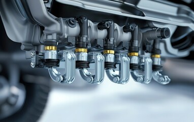 Close-up view of an automotive fuel injector assembly in a modern vehicle engine environment