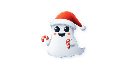 Cute cartoon ghost wearing a Santa hat, holding candy canes, isolated on transparent background