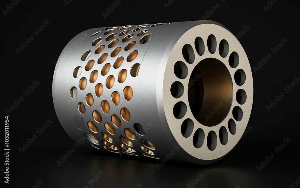 Poster a detailed view of a metallic mesh cylinder showcasing intricate patterns and open sections against 