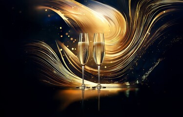 Two champagne flutes filled with bubbly stand before a shimmering gold and black background.