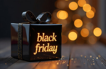 Black Friday transparent glass gift box with golden glowing lettering and black bow on festive golden bokeh background