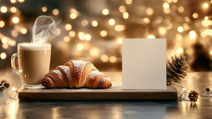 Cozy Coffee Shop Scene: Latte and Croissant with Ambient Lighting