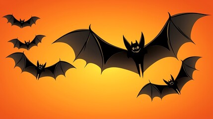 Fototapeta premium Dark bats flying against an orange sunset, creating a spooky and Halloween-themed atmosphere.