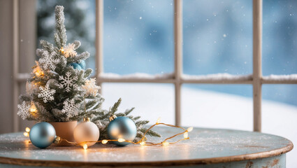 Fototapeta premium Christmas tree with presents and decorations on white table, space for text