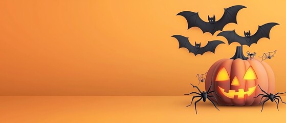 Fototapeta premium A spooky Halloween scene featuring a carved pumpkin with glowing eyes and bats, set against an orange background.