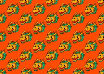 Seamless pattern with funny monsters. Chinese new year. Seamless pattern with dragons on an orange background. Happy new year. Traditional Chinese character. Asian mythological dragons. 
