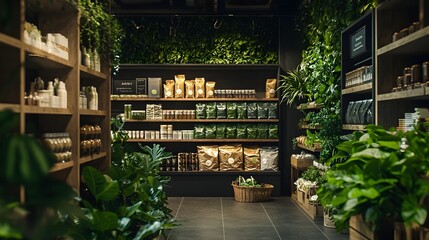 Futuristic Grocery Store with Biodegradable Plant Based Packaging and Organic Textures