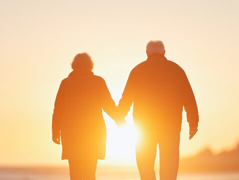 Senior couple holding hands walking on beach at golden sunset. Romantic seaside lifestyle. Love and retirement concept. Peaceful relationship banner with copy space