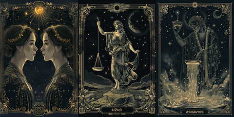 Vintage zodiac illustration Gemini the twins, Libra and Aquarius in style of tarot cards with celestial elements, cosmic symbols