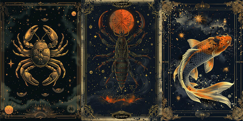 Zodiac illustrations of Cancer, Scorpio, and Pisces in style of tarot cards with celestial elements, cosmic symbols and mystical details