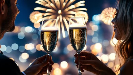 Couple celebrates New Year’s Eve with champagne toasts and fireworks in the background at a festive city location