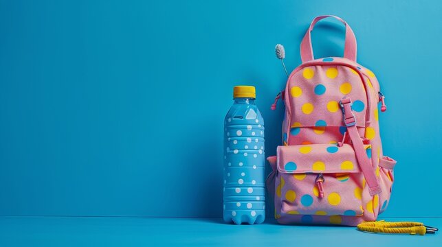 Colorful polka dot backpack and blue water bottle on a bright blue background