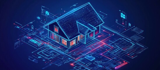 A futuristic smart home with glowing blue lines representing connected devices and technology on a dark blue background.