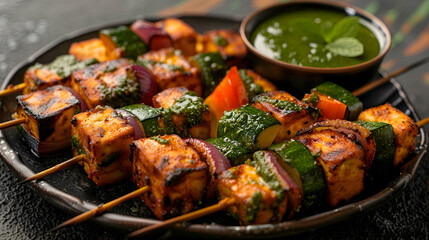 Fototapeta premium A plate of paneer tikka with grilled vegetables and a side of mint chutney