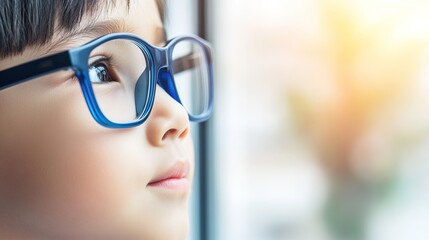 Young child wearing blue glasses focusing on distant tree outside window, symbolizing myopia prevention and importance of outdoor activities.