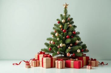 Christmas tree with a star on top surrounded by gifts in kraft paper tied with red ribbon