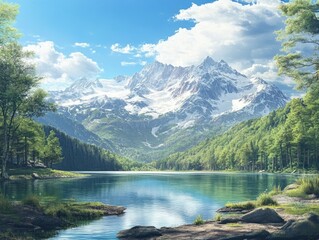 Fototapeta premium Serene Alpine Lake Scene with Mountain Range in the Background