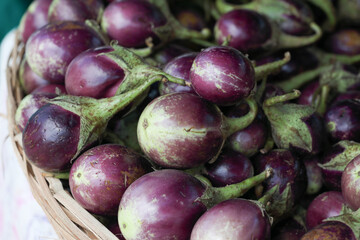 Fresh eggplants or brinjals in the farmer's market	
