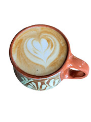 Close-up of hot latte coffee with latte art in ceramic brown cup