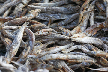 Pile of dried fish at street market in india	

