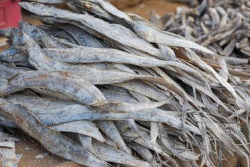 Pile of dried fish at street market in india	