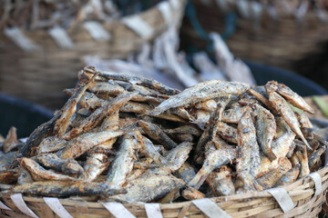 Pile of dried fish at street market in india	
